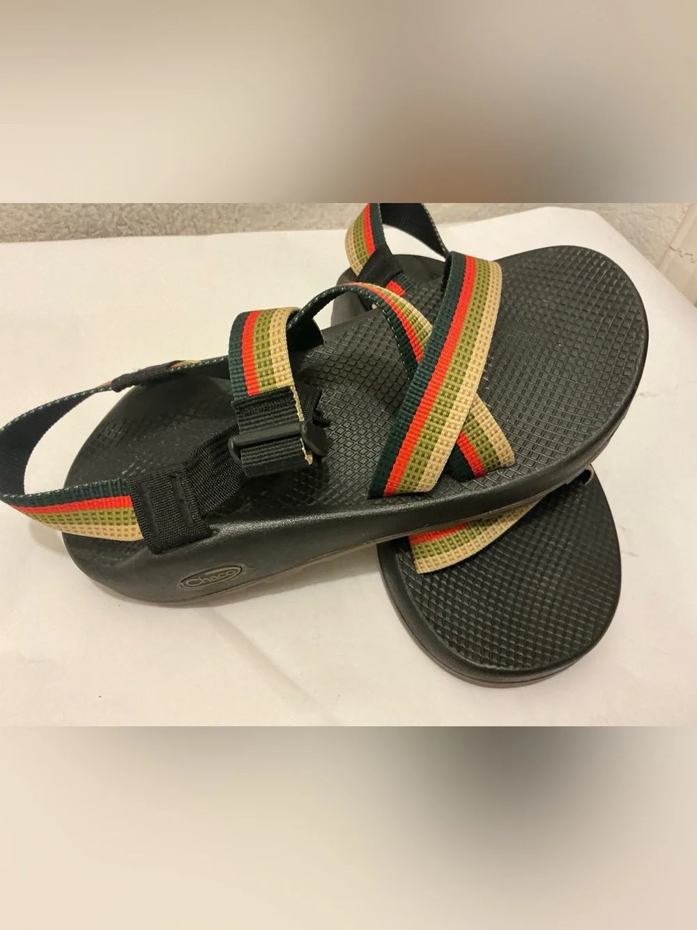 Chaco Men's Black Sandals with Red, Green & Tan Straps